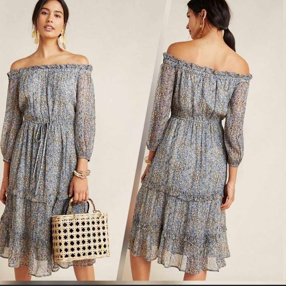 By Anthropologie Blue Kira Off-The-Shoulder Adjustable TieWaist Peasant Dress 14 - Picture 2 of 16
